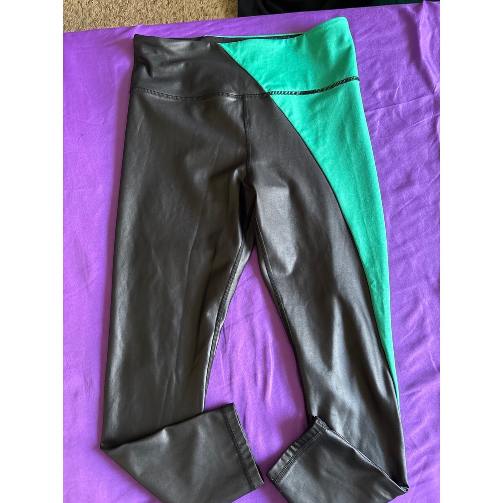 Zyia Active Metallic Green Black Colorblock Leggings High Waisted Womens 8-10